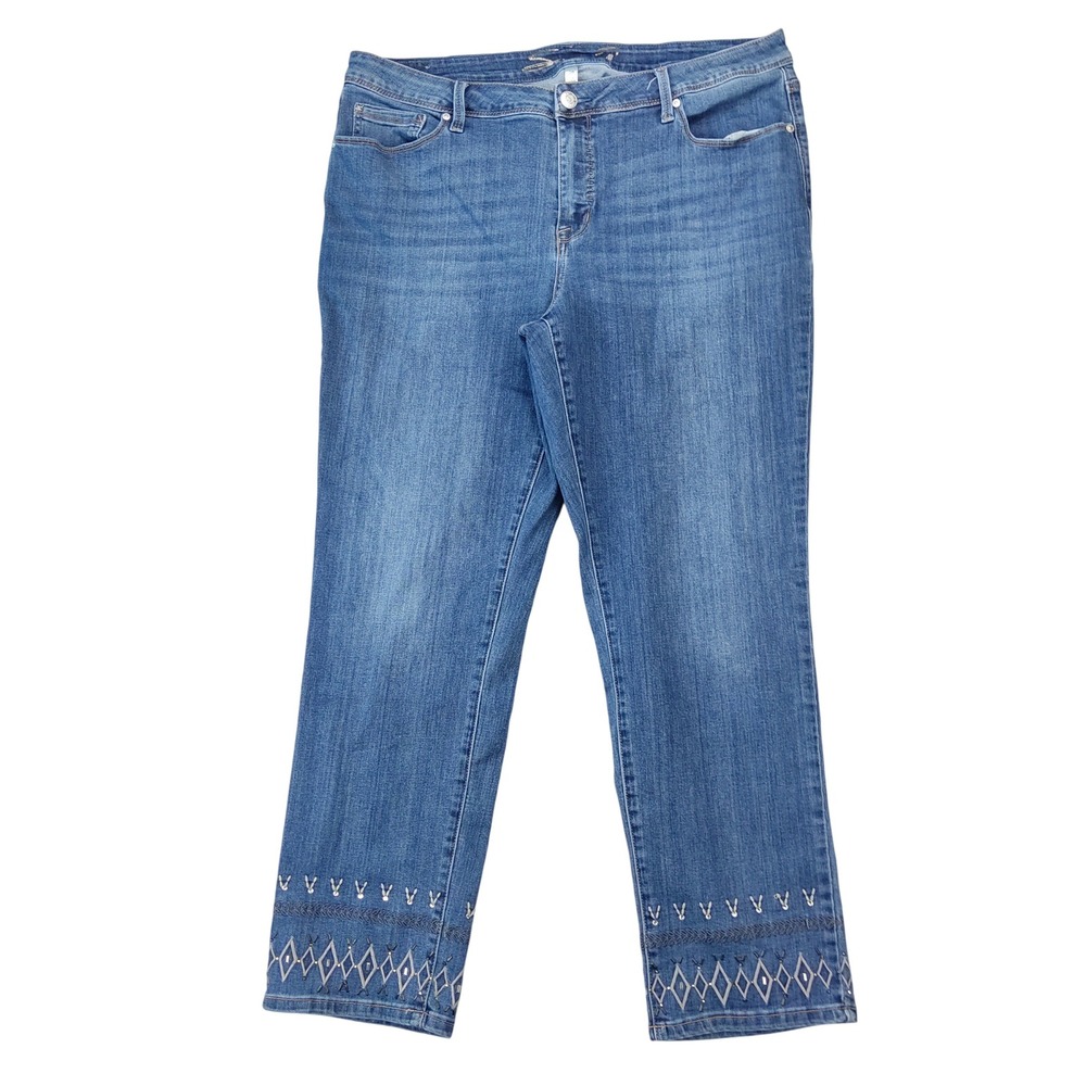 Seven7 Jeans Women 20 Blue Straight Leg Embroidered Embellished Hem Boho Denim